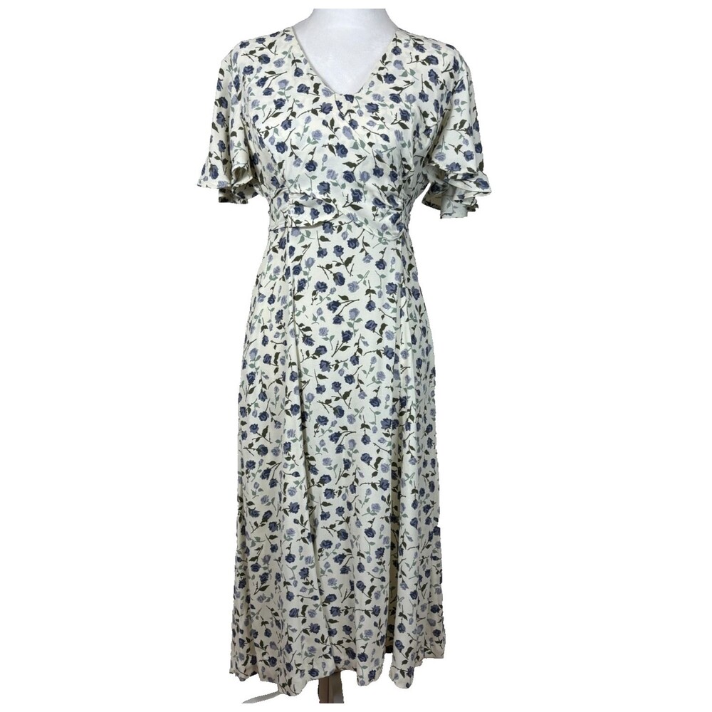 VTG En Focus Long Dress Cream/Lt Blue Floral Sz 9/10 Made In USA Cottagecore Y2K